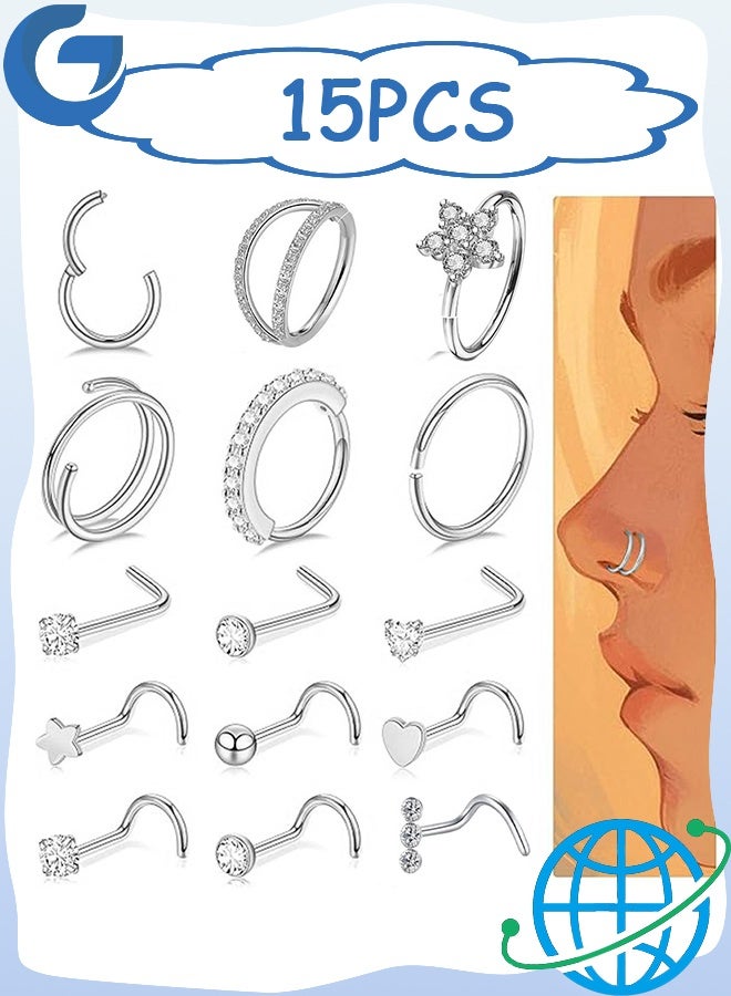 مجموعة 15 قطعة 20 جرام من حلقات الأنف المصنوعة من الفولاذ المقاوم للصدأ، لا تسبب الحساسية على شكل حرف L، مجوهرات ثقب الأنف للنساء والرجال - Image 1